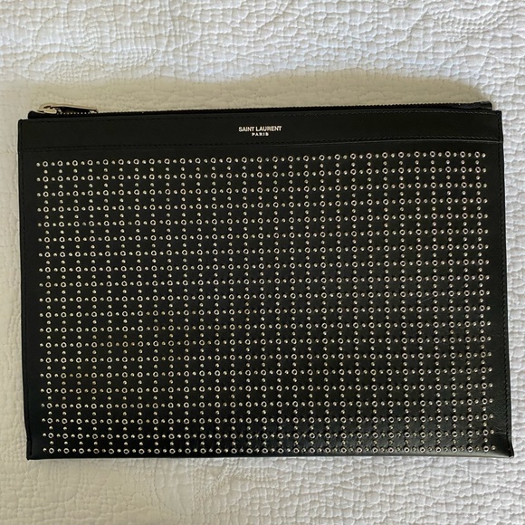 NEW YSL POUCH CASE BLACK LEATHER W SILVER GROMMETS - Picture 6 of 8